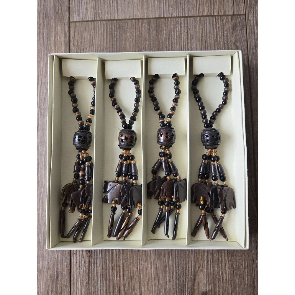 Pier 1 Imports Hand Carved Elephant Wood Beaded Napkin Rings  Set of 4 NIB